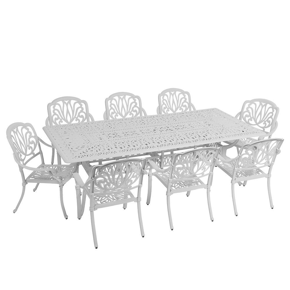 8 Seater - Protea Aluminium Patio Set / Garden Furniture / Outdoor Dining Set     (8 Protea Chairs with 240cm x 110cm Rectangular Elizabeth Table) - WHITE