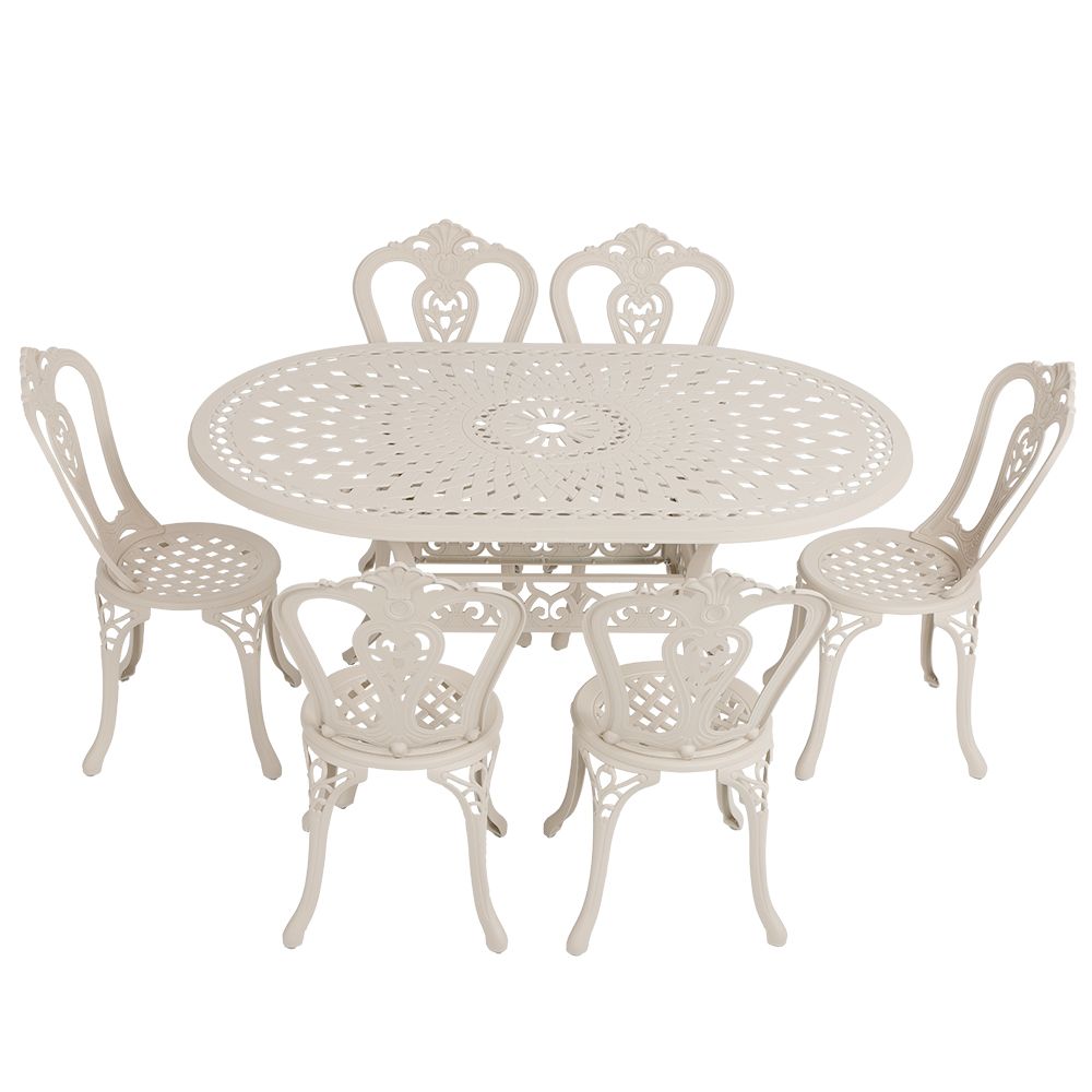 6 Seater - Victoria Aluminium Patio Set / Garden Furniture / Outdoor Dining Set    (6 Victoria Chairs with 150cm x 96cm Oval Lattice Table) - SAND