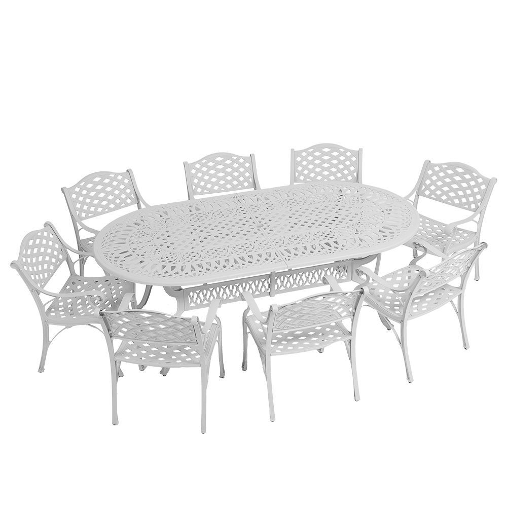 8 Seater - Lattice Aluminium Patio Set / Garden Furniture / Outdoor Dining Set    (8 Lattice Chairs with 214cm x 110cm Oval Elizabeth Table) - WHITE