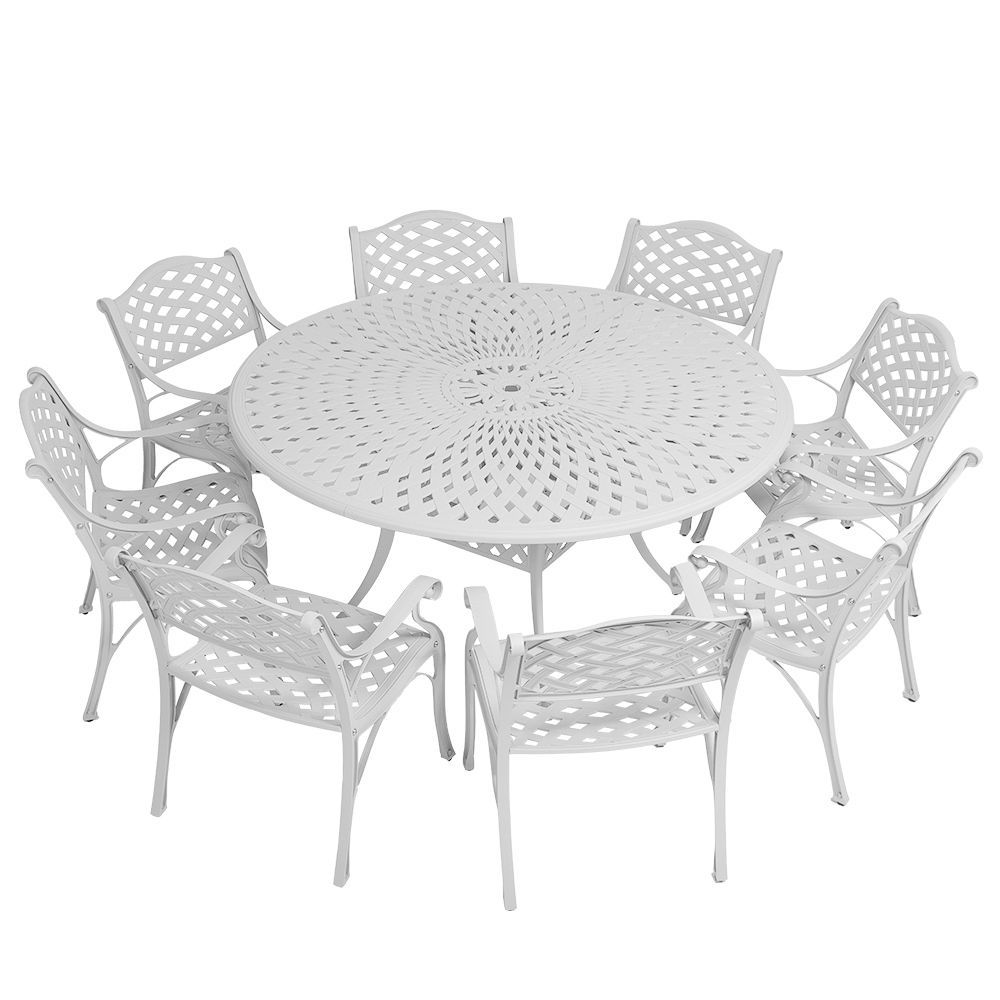 8 Seater - Lattice Aluminium Patio Set / Garden Furniture / Outdoor Dining Set    (8 Lattice Chairs with 154cm Round Lattice Table) - WHITE