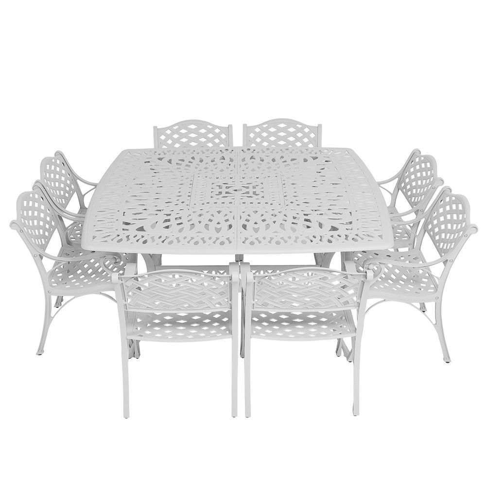 8 Seater - Lattice Aluminium Patio Set / Garden Furniture / Outdoor Dining Set    (8 Lattice Chairs with 164cm x  164cm Square Elizabeth Table) - WHITE