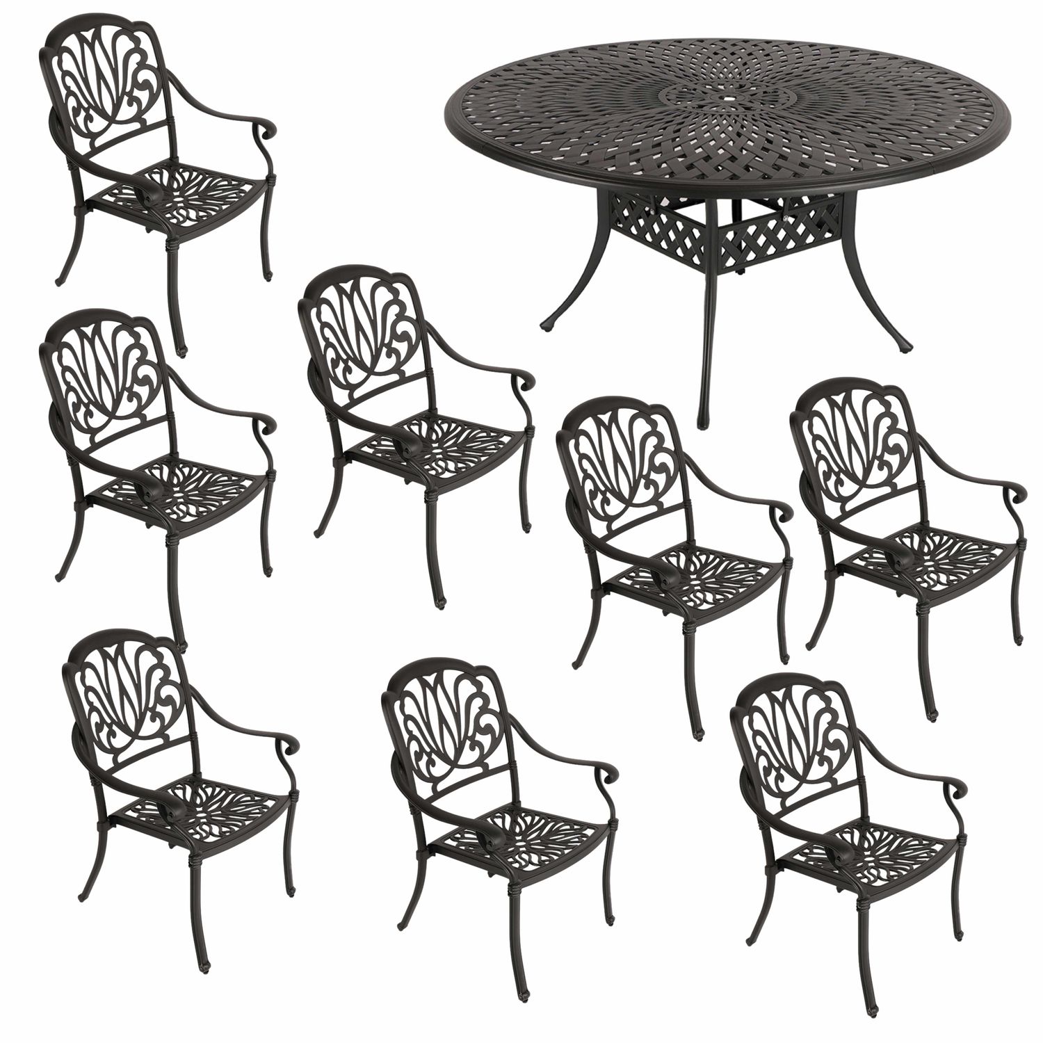 8 Seater - Protea  Aluminium Patio Set / Garden Furniture / Outdoor Dining Set    (8 Protea Chairs with 154cm Round Lattice Table) - BLACK