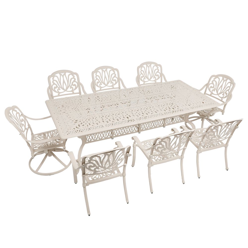 8 Seater - Protea Aluminium Patio Set / Garden Furniture / Outdoor Dining Set    (2 Protea Swivel Chairs &amp;  6 Protea Chairs with 240cm x 110cm Rectangular Elizabeth Table) - SAND