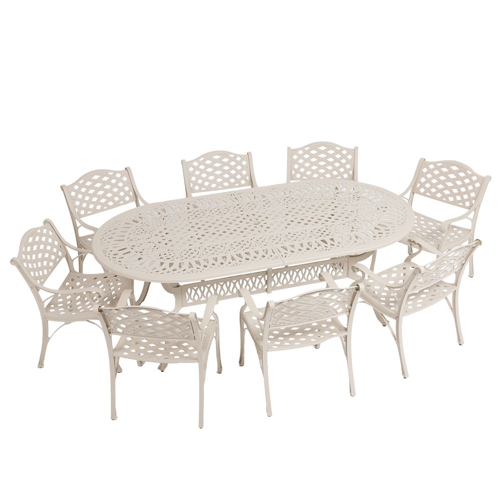 8 Seater - Lattice Aluminium Patio Set / Garden Furniture / Outdoor Dining Set    (8 Lattice Chairs with 214cm x 110cm Oval Elizabeth Table) - SAND