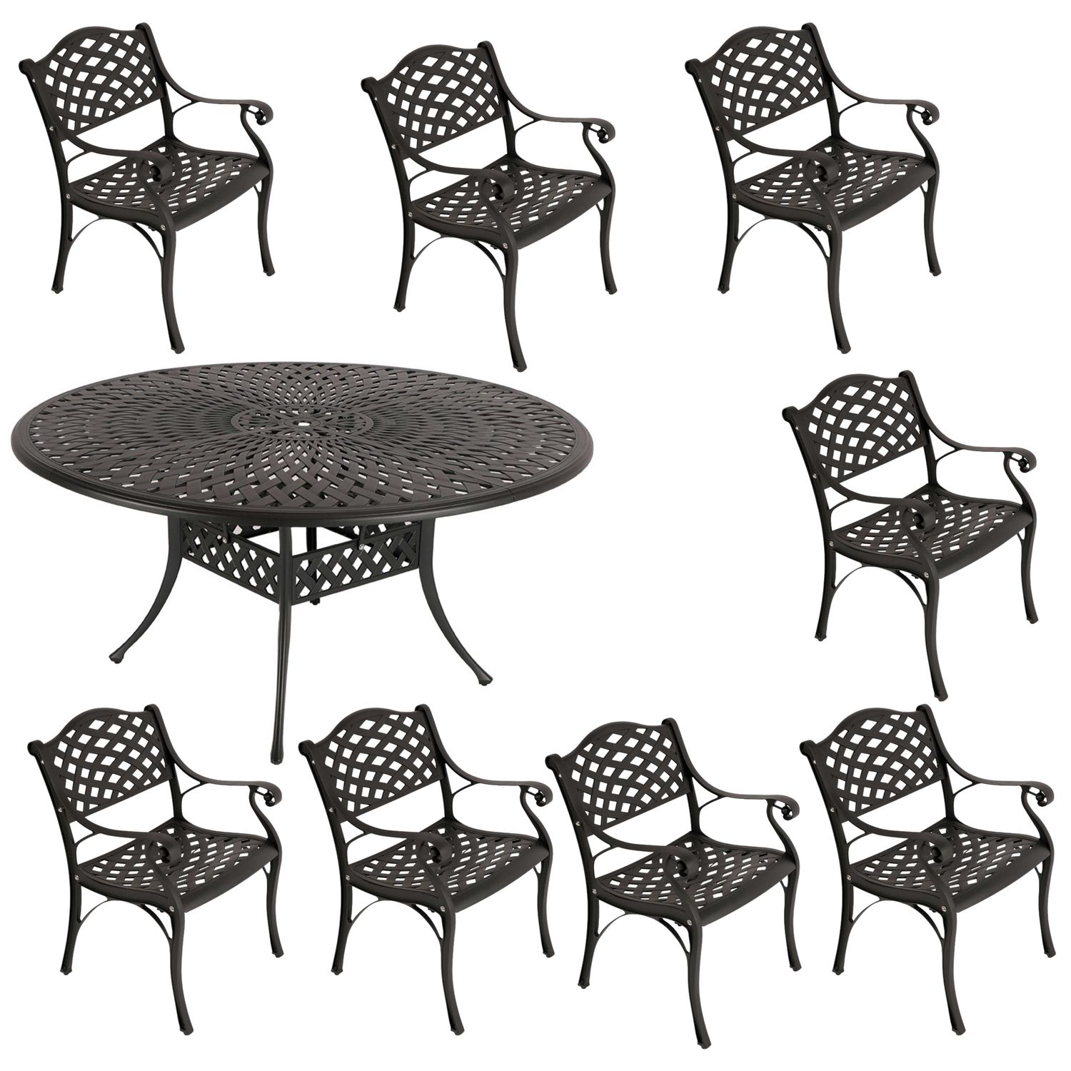 8 Seater - Lattice Aluminium Patio Set / Garden Furniture / Outdoor Dining Set    (8 Lattice Chairs with 154cm Round Lattice Table) - BLACK