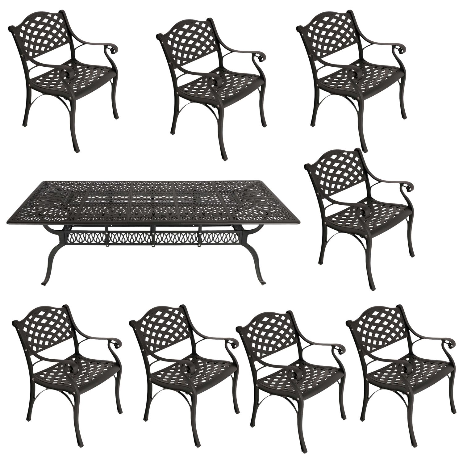 8 Seater - Lattice Aluminium Patio Set / Garden Furniture / Outdoor Dining Set    (8 Lattice Chairs with 240cm x 110cm Rectangular Elizabeth Table) - BLACK