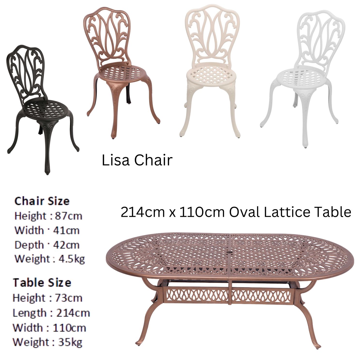 8 Seater Lisa Patio Set with 214cm x 110cm Oval Elizabeth Table  - WHITE