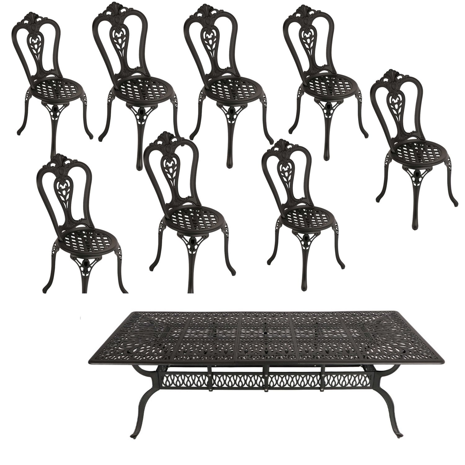 8 Seater - Victoria  Aluminium Patio Set / Garden Furniture / Outdoor Dining Set    (8 Victoria Chairs with 240cm x 110cm Rectangular Elizabeth Table) - BLACK