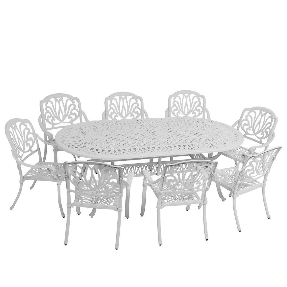 8 Seater - Protea  Aluminium Patio Set / Garden Furniture / Outdoor Dining Set    (8 Protea Chairs with 214cm x 110cm Oval Elizabeth Table) - WHITE