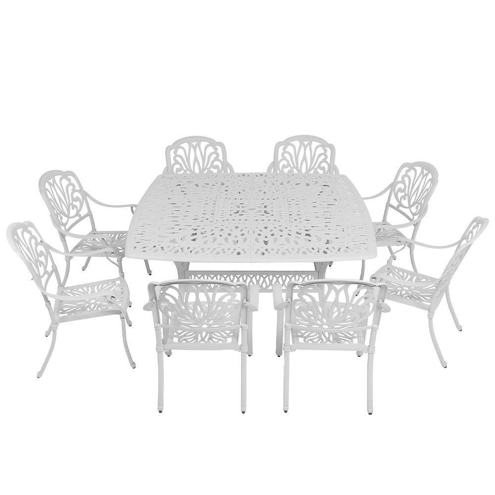 8 Seater - Protea Aluminium Patio Set / Garden Furniture / Outdoor Dining Set     (8 Protea Chairs with 164cm x  164cm Square Elizabeth Table) - WHITE