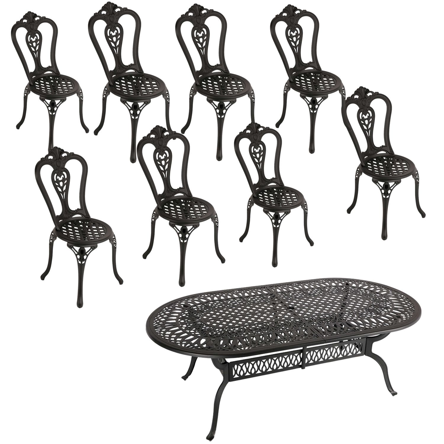 8 Seater - Victoria Aluminium Patio Set / Garden Furniture / Outdoor Dining Set     (8 Victoria Chairs with 214cm x 110cm  Oval Elizabeth Table) - BLACK