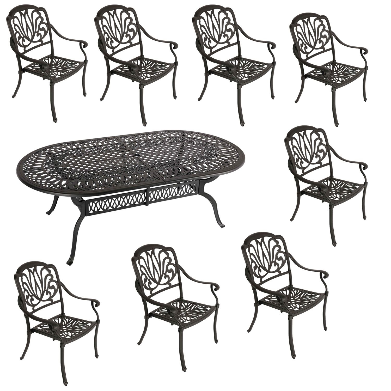 8 Seater - Protea  Aluminium Patio Set / Garden Furniture / Outdoor Dining Set    (8 Protea Chairs with 214cm x 110cm Oval Elizabeth Table) - BLACK