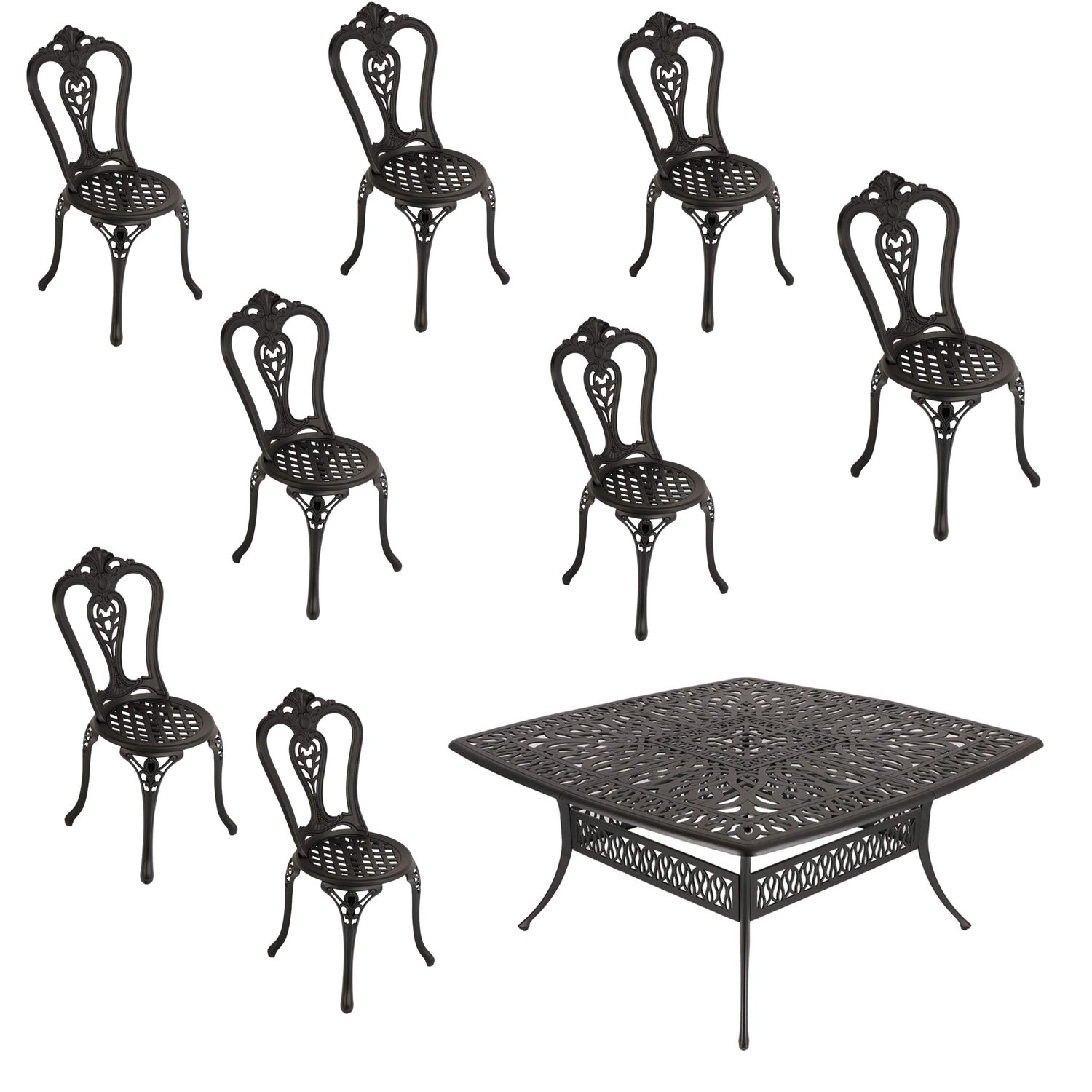 8 Seater - Victoria Aluminium Patio Set / Garden Furniture / Outdoor Dining Set     (8 Victoria Chairs with 164cm x  164cm Square Elizabeth Table) - BLACK