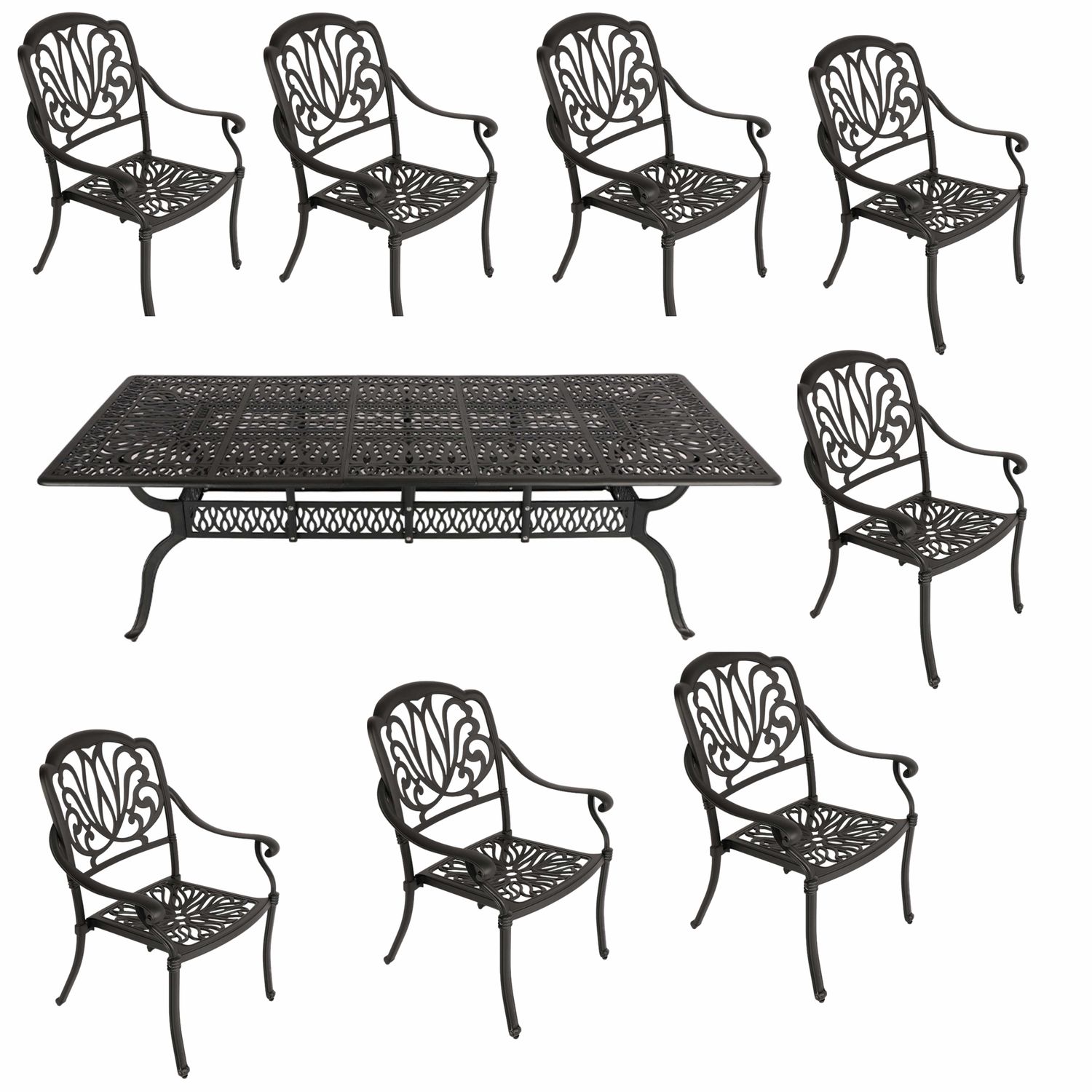 8 Seater - Protea Aluminium Patio Set / Garden Furniture / Outdoor Dining Set     (8 Protea Chairs with 240cm x 110cm Rectangular Elizabeth Table) - BLACK