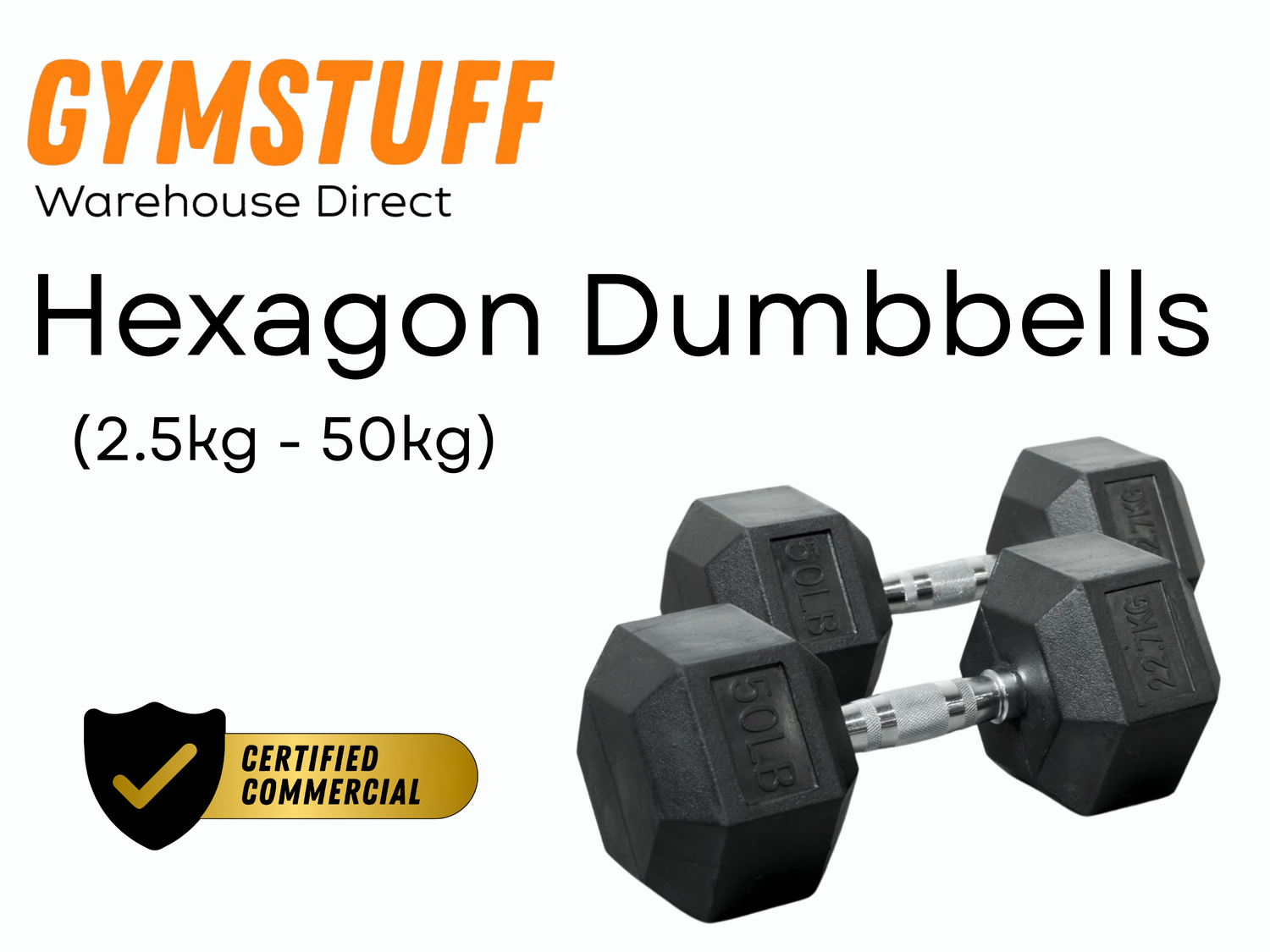 GYMSTUFF Heavy Duty Hexagon Rubber Dumbbells - 2.5kg - 50kg