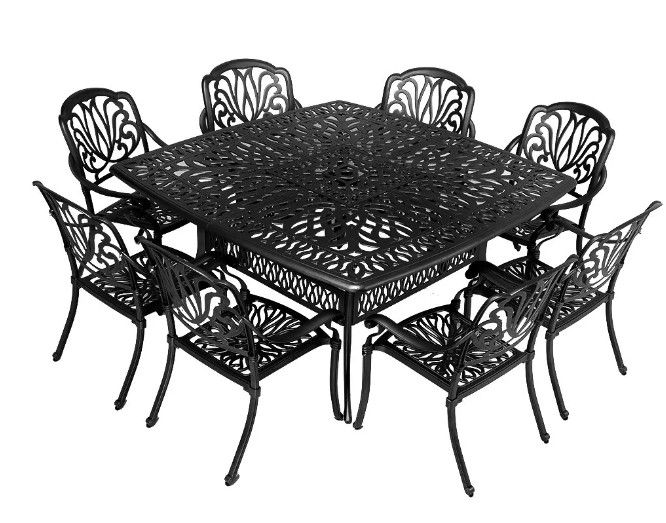 8 Seater - Protea Aluminium Patio Set / Garden Furniture / Outdoor Dining Set     (8 Protea Chairs with 164cm x  164cm Square Elizabeth Table) - BLACK