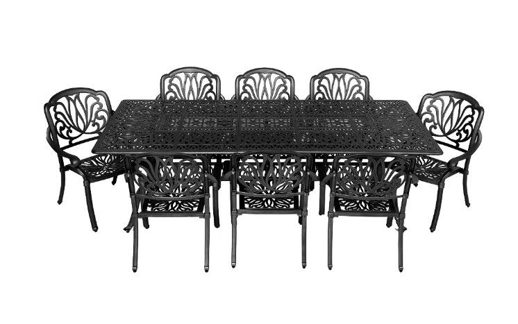 8 Seater - Protea Aluminium Patio Set / Garden Furniture / Outdoor Dining Set     (8 Protea Chairs with 240cm x 110cm Rectangular Elizabeth Table) - BLACK