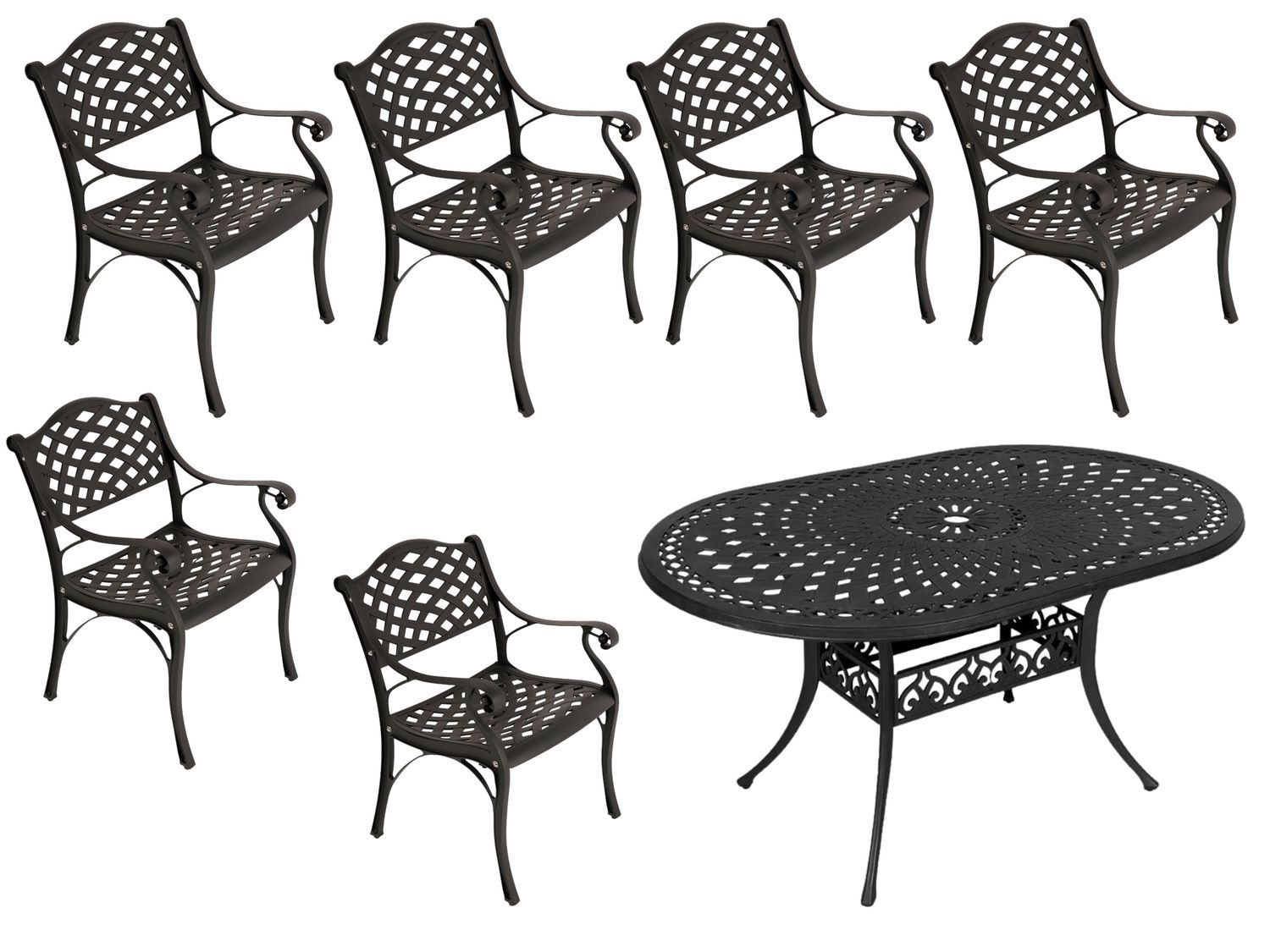 6 Seater - Lattice Aluminium Patio Set / Garden Furniture / Outdoor Dining Set    (6 Lattice Chairs with 150cm x 96cm Oval Lattice Table) - BLACK