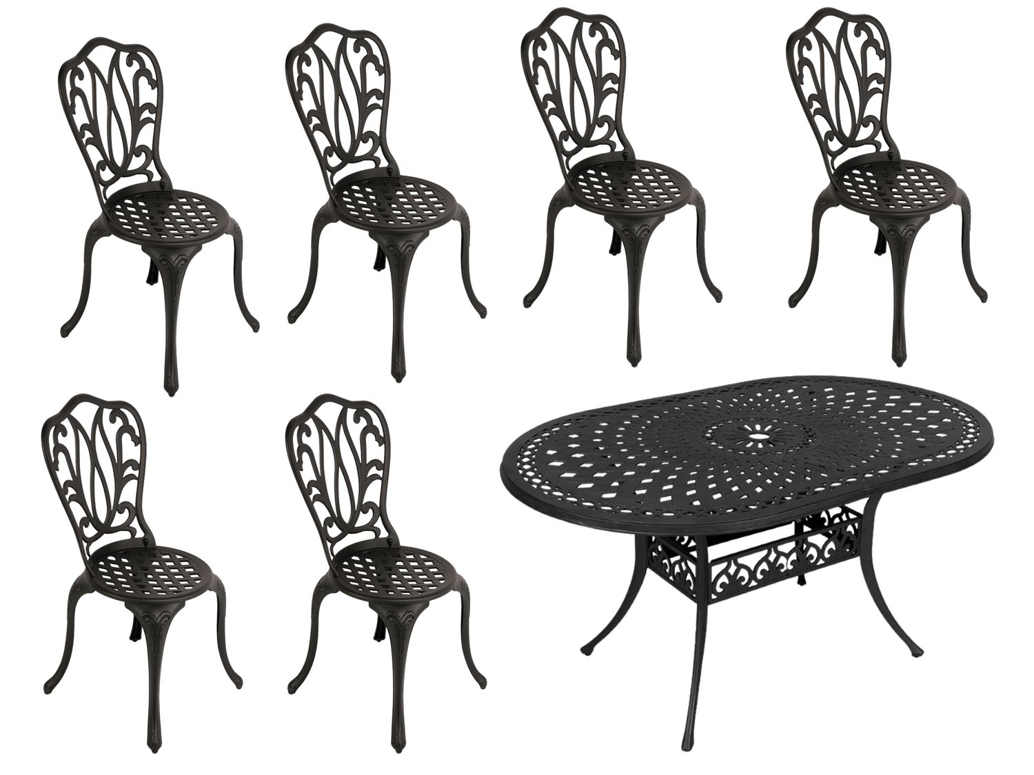 6 Seater - Lisa Aluminium Patio Set / Garden Furniture / Outdoor Dining Set    (6 Lisa Chairs with 150cm x 96cm Oval Lattice Table) - BLACK