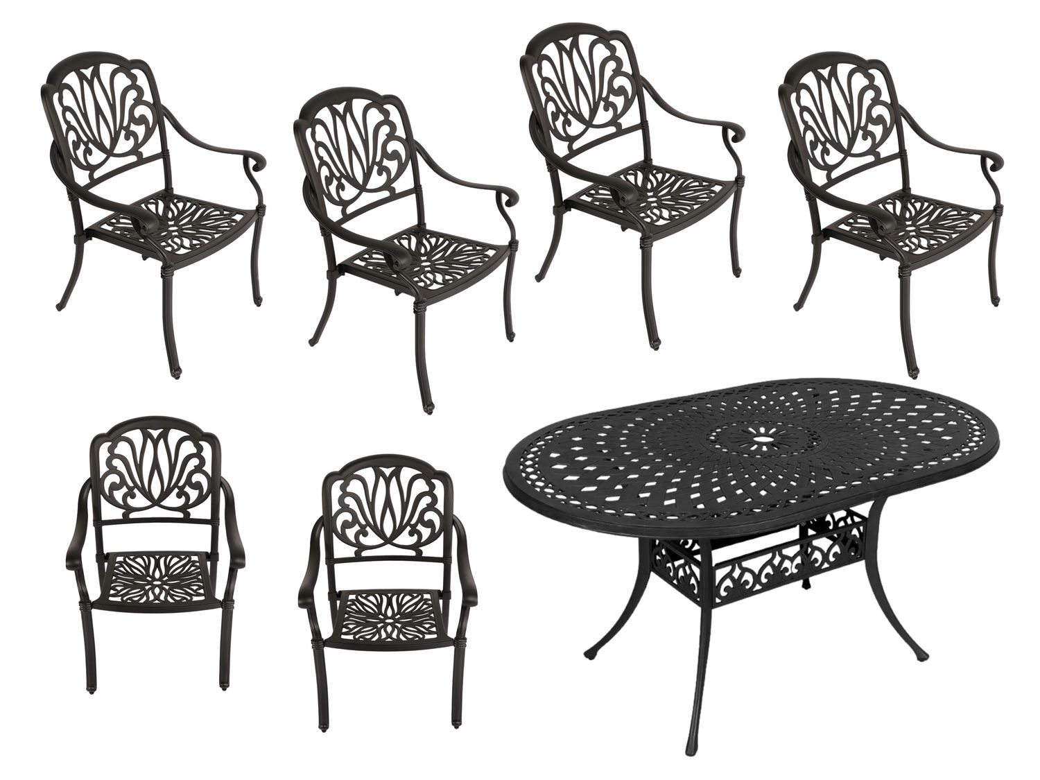 6 Seater - Protea Aluminium Patio Set / Garden Furniture / Outdoor Dining Set    (6 Protea Chairs with 150cm x 96cm Oval Lattice Table) - BLACK