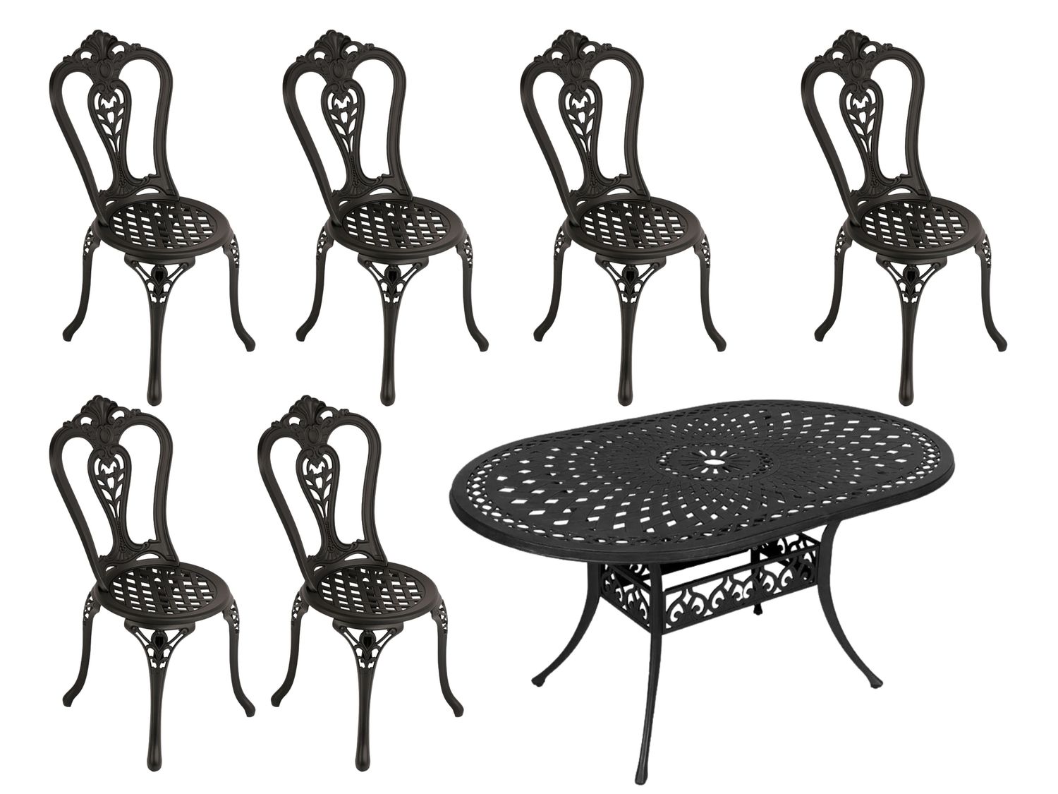 6 Seater - Victoria Aluminium Patio Set / Garden Furniture / Outdoor Dining Set    (6 Victoria Chairs with 150cm x 96cm Oval Lattice Table) - BLACK