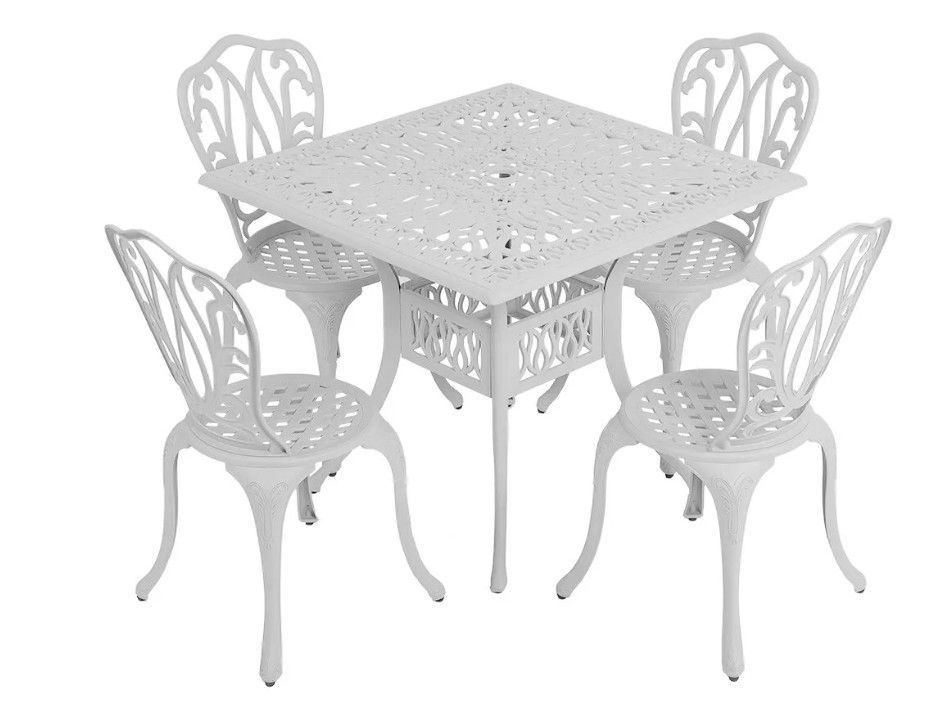 4 Seater - Lisa Aluminium Patio Set / Garden Furniture / Outdoor Dining Set    (4 Lisa Chairs with 90cm x 90cm Square Elizabeth Table) - WHITE