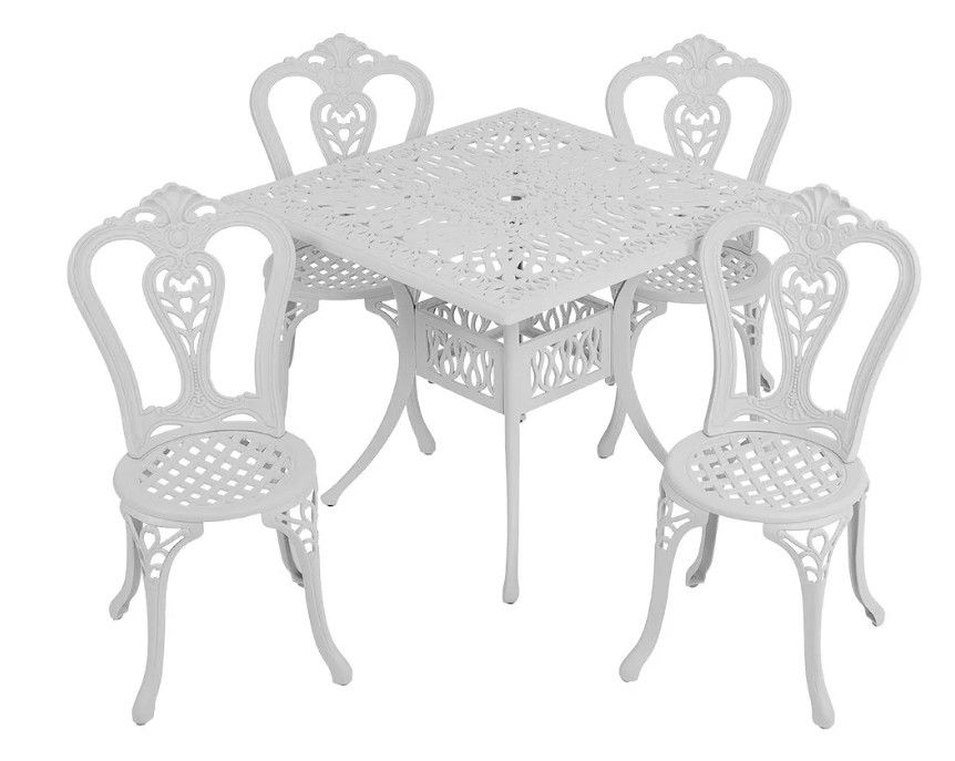 4 Seater - Victoria Aluminium Patio Set / Garden Furniture / Outdoor Dining Set    (4 Victoria Chairs with 90cm x 90cm Square Elizabeth Table) - WHITE