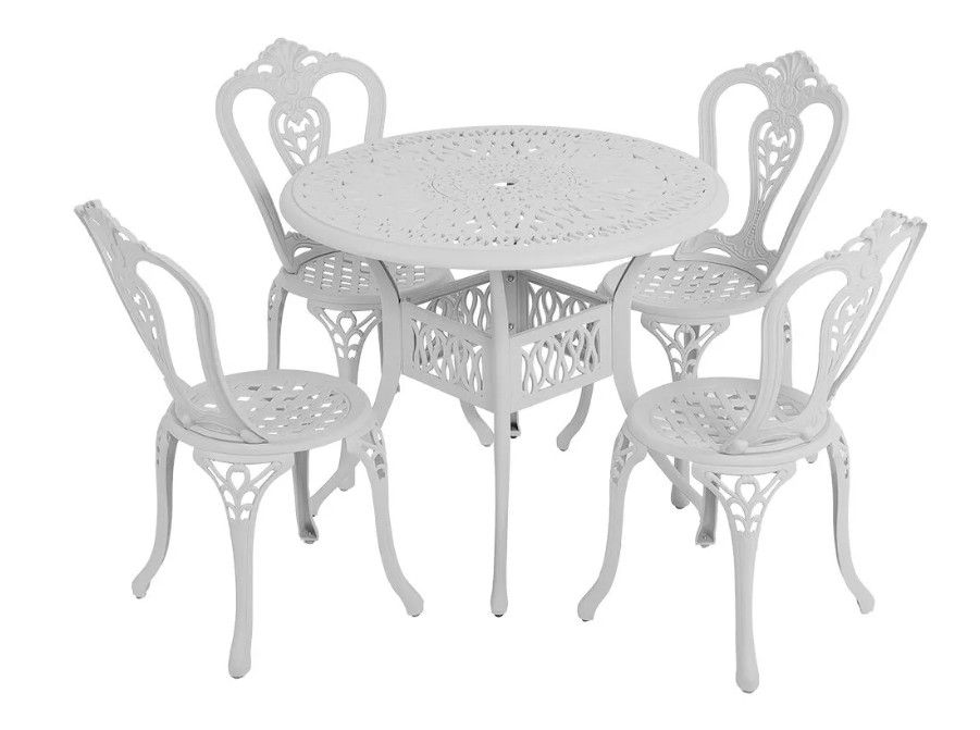 4 Seater -Victoria Aluminium Patio Set / Garden Furniture / Outdoor Dining Set    (4 Victoria Chairs with 90cm Round Elizabeth Table) - WHITE