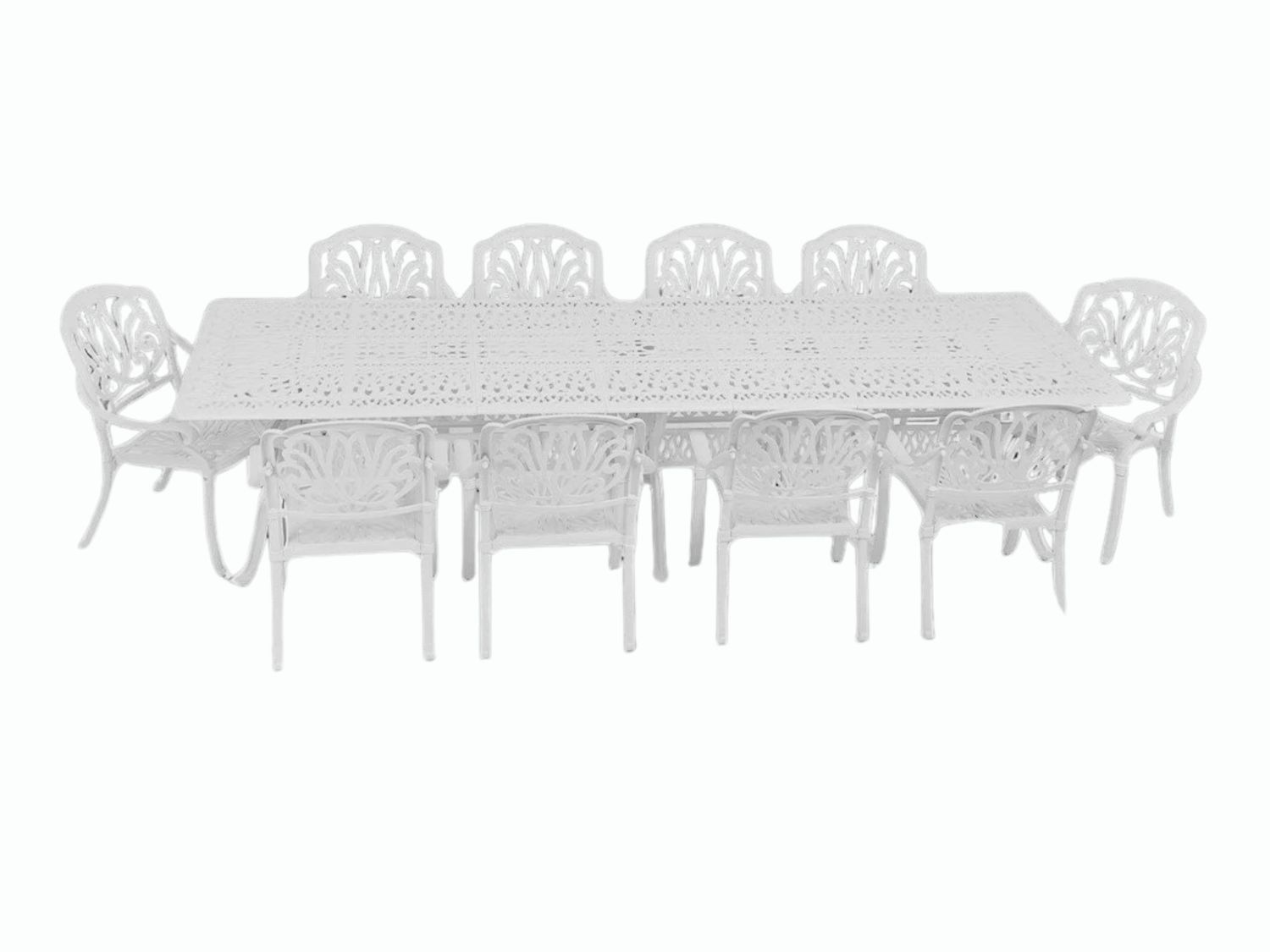 10 Seater - Protea Aluminium Patio Set / Garden Furniture / Outdoor Dining Set    (10 Protea Chairs with 320cm x 110cm Rectangular Lattice Table) - WHITE
