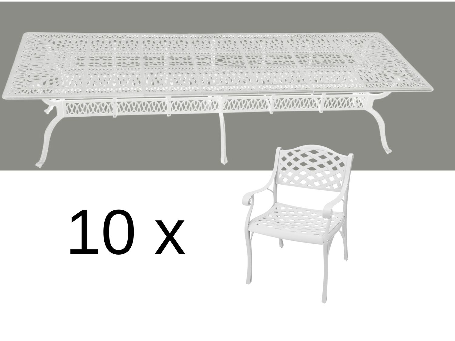10 Seater - Lattice Aluminium Patio Set / Garden Furniture / Outdoor Dining Set    (10 Lattice Chairs with 320cm x 110cm Rectangular Lattice Table) - WHITE