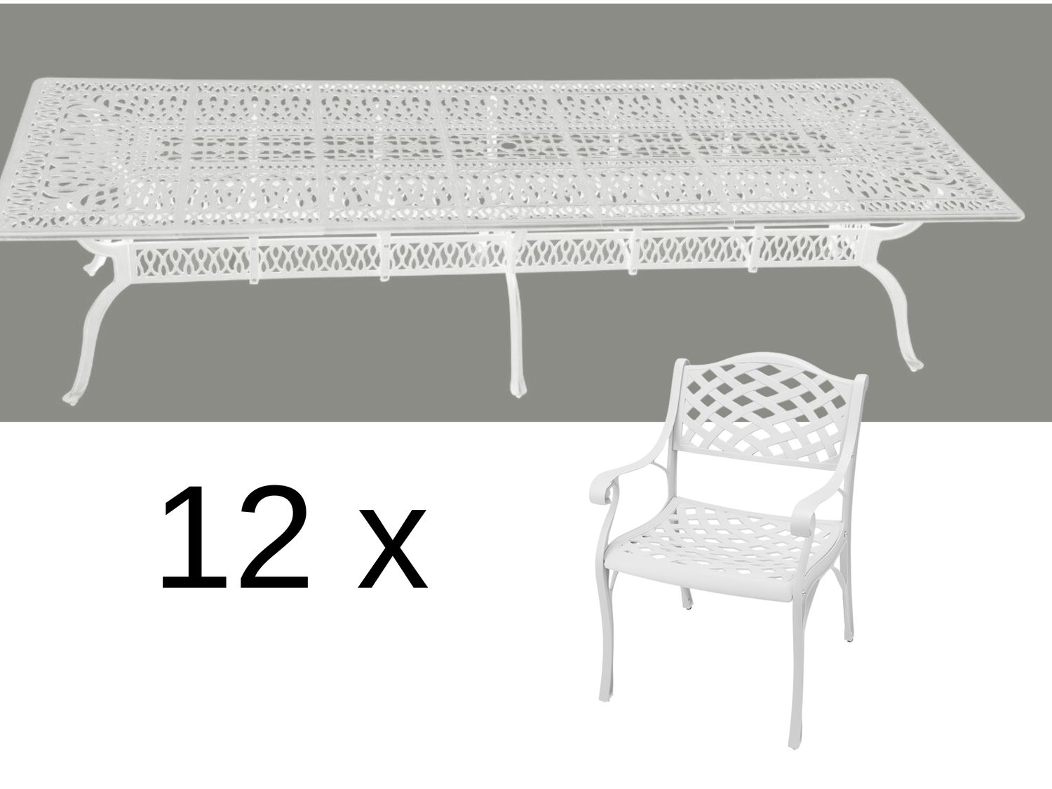 12 Seater - Lattice Aluminium Patio Set / Garden Furniture / Outdoor Dining Set    (12 Lattice Chairs with 320cm x 110cm Rectangular Lattice Table) - WHITE