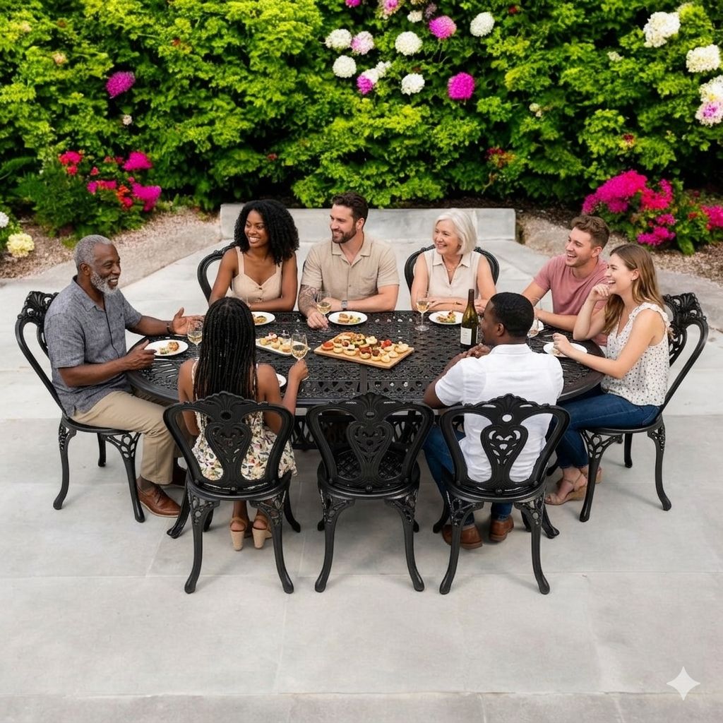 8 Seater Victoria Patio Set with 214cm x 110cm  Oval Elizabeth Table  - BLACK