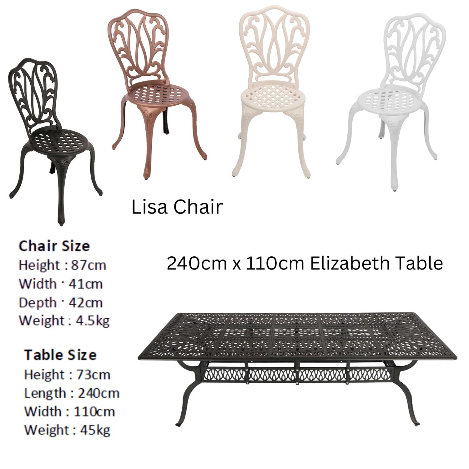 8 Seater Lisa  Patio Set with 240cm x 110cm Rectangular Elizabeth Table  - BLACK