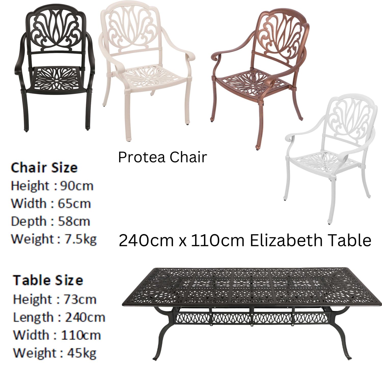 8 Seater Protea Patio Set with 240cm x 110cm Rectangular Elizabeth Table  - BLACK