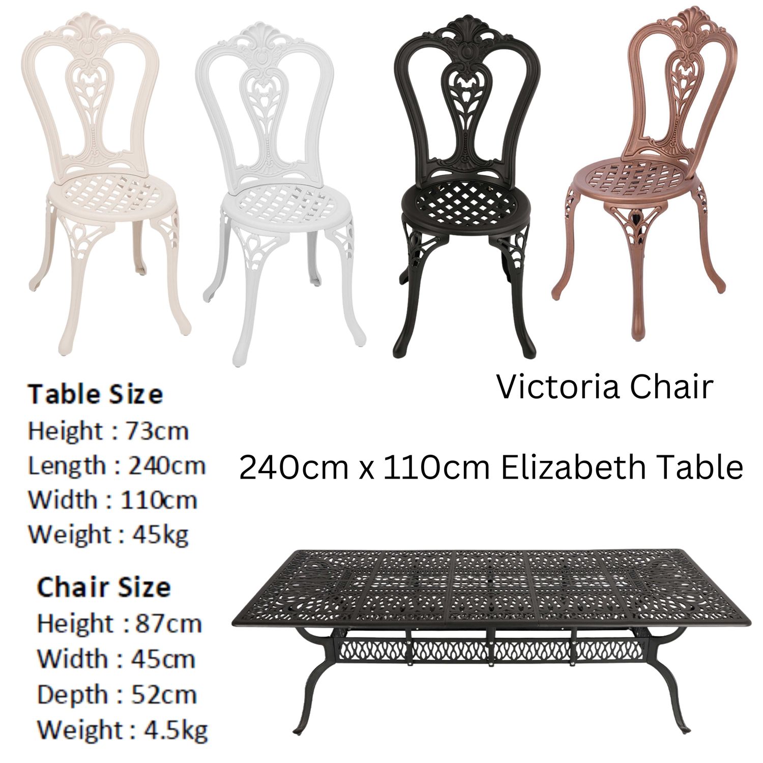 8 Seater Victoria  Patio Set with 240cm x 110cm Rectangular Elizabeth Table  - BLACK