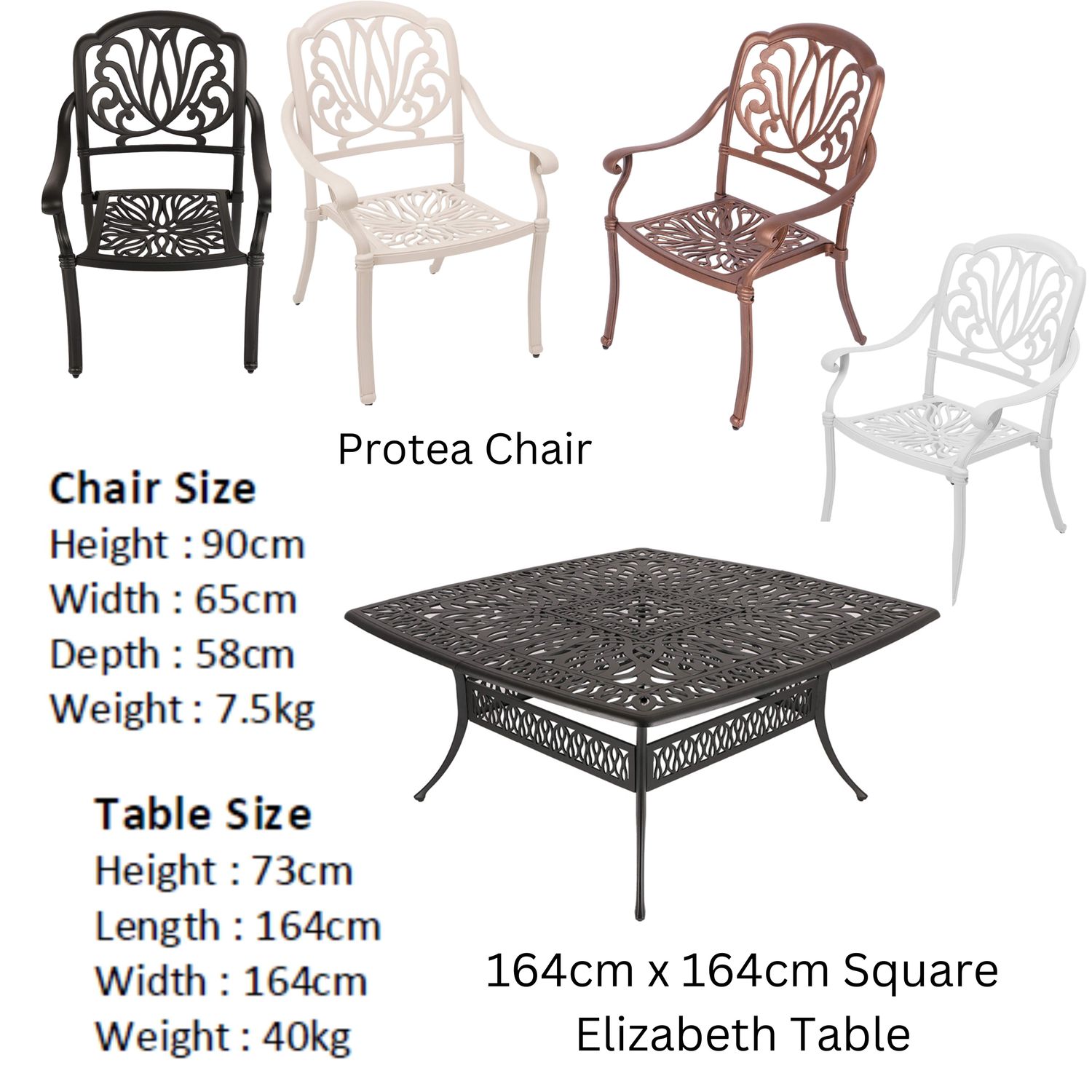 8 Seater Protea Patio Set with 164cm x  164cm Square Elizabeth Table  - BLACK