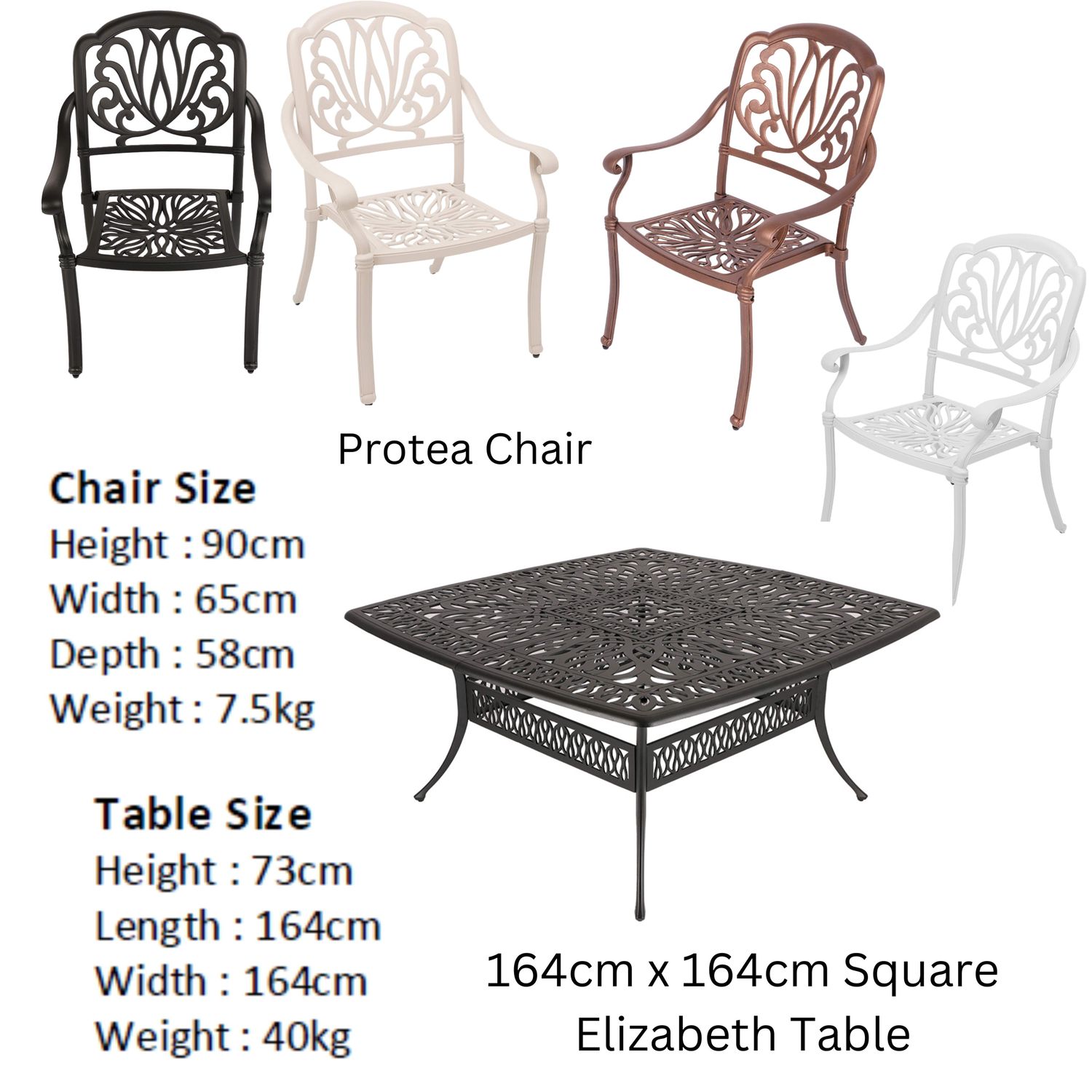 8 Seater Protea Patio Set with 164cm x  164cm Square Elizabeth Table  - BLACK