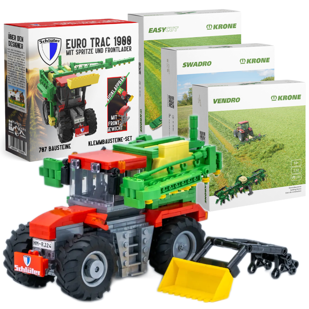 Schlüter &amp; Krone Bundle: EuroTrac mit 4 Anbaugeräten und Frontlader, 1500+ Klemmbausteine