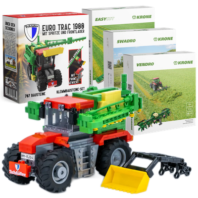 Schlüter &amp; Krone Bundle: EuroTrac mit 4 Anbaugeräten und Frontlader, 1500+ Klemmbausteine