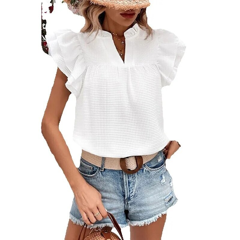 Sommer Solid V-hals Pullover med volanger