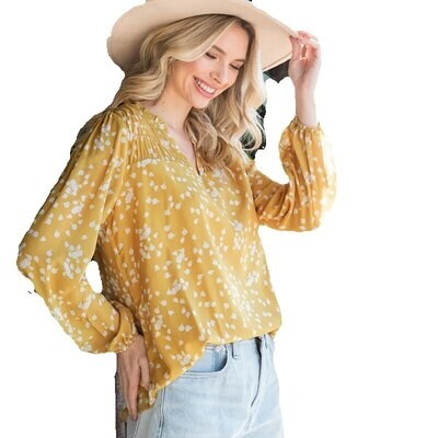 Gul romantisk trykk rynket chiffonskjorte