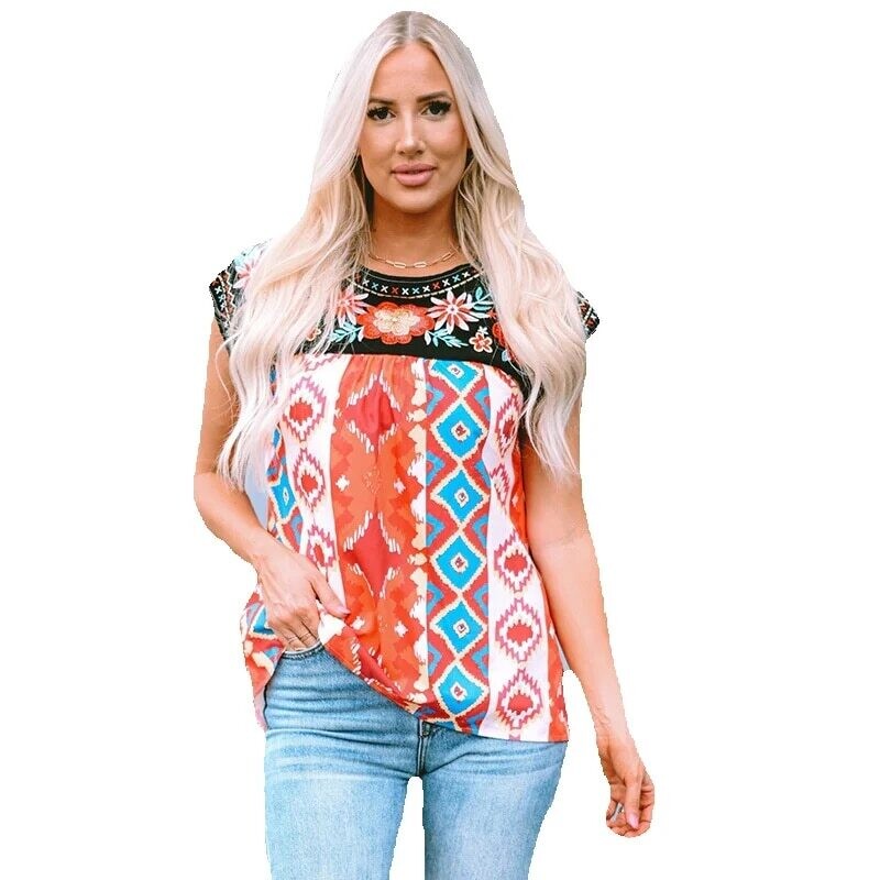 Etnisk stil geometrisk blomsterbroderi-genser