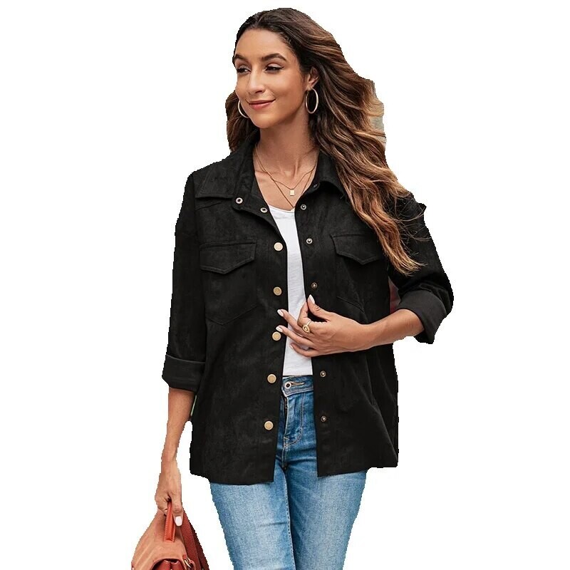 Ensfarget semsket skinnjakke med knapp