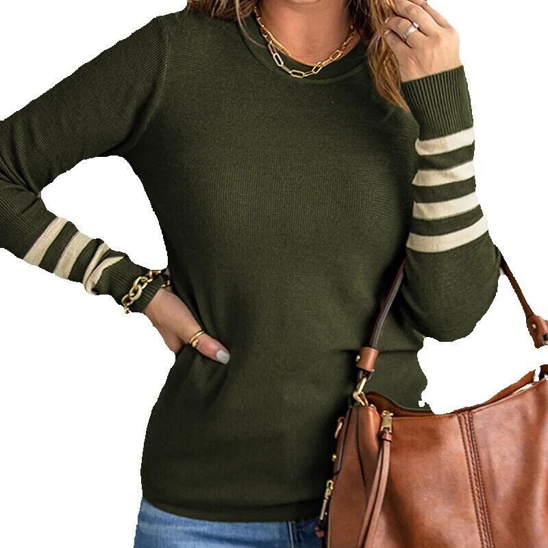 Shi Ying Grønne stripete ermer Ensfarget strikket genser Høst/Vinter Ny Pullover 2722274