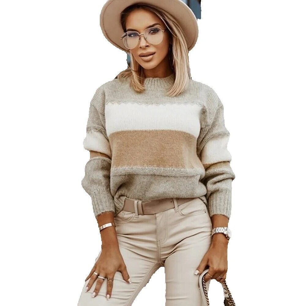 Tykk stripete genser med rund hals