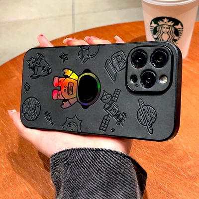 Faux Leather Case For iPhone 16 15 14 13 12 Pro Max 15Pro 14Pro iPhone15 iPhone14 Cartoon Covers With Gradient Laser Astronaut