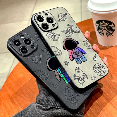 Faux Leather Case For iPhone 16 15 14 13 12 Pro Max 15Pro 14Pro iPhone15 iPhone14 Cartoon Covers With Gradient Laser Astronaut