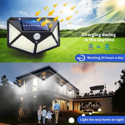 Solar Lights Outdoor, 100LED/3 Modes 270° Lighting Angle Motion Sensor Security IP65 Wall Lights for Backyard Garden Fence Patio