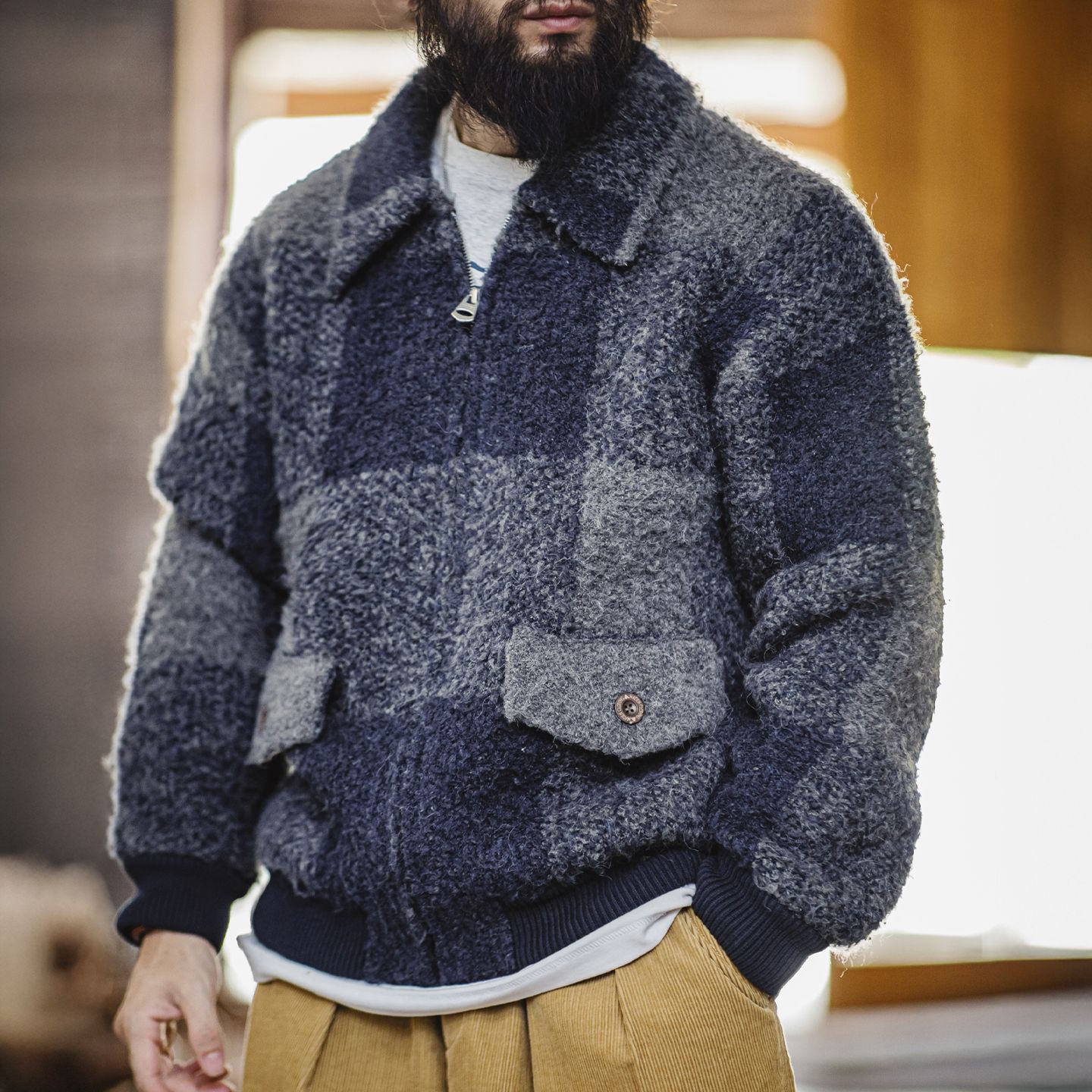 Maden Vintage Men's Plaid Wool Blend Cardigan Jacket Collar Zippered Huntuing Jacket Warm Coat for Autumn Winter Streetwear