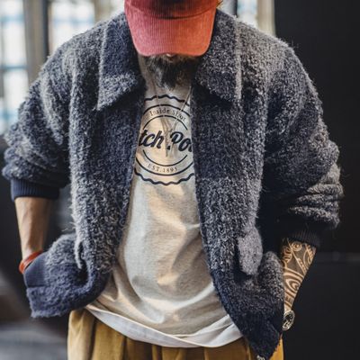 Maden Vintage Men's Plaid Wool Blend Cardigan Jacket Collar Zippered Huntuing Jacket Warm Coat for Autumn Winter Streetwear